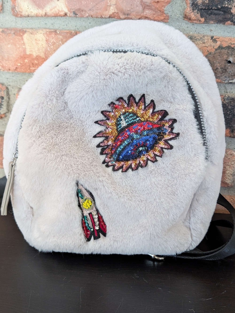 HANNAH BANANA Space Faux Fur Backpack Fuzzy Mini Sequined Grey & Black
